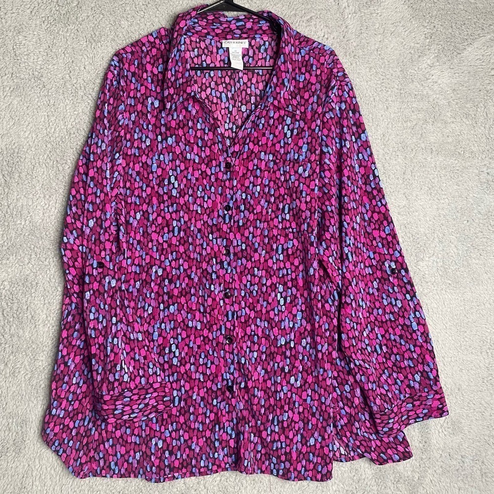 Catherines long sleeve button up colorful polka dot blouse artsy career 3X